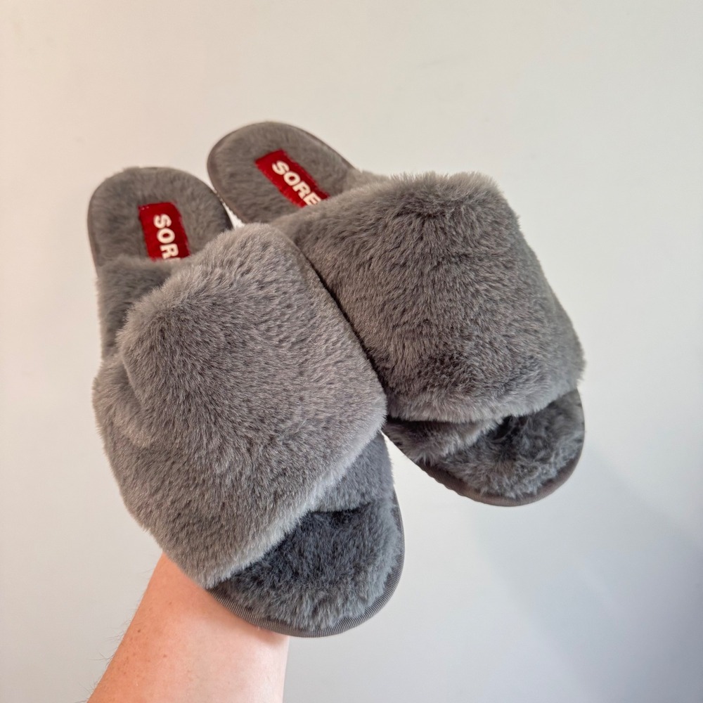 Sorel‎ Go Mail Grey Faux Fur Slippers Womens 10 NL3724-053 Quarry